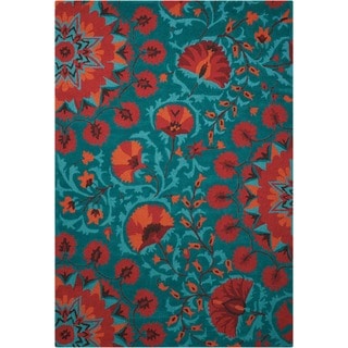 Nourison Hand-tufted Suzani Teal Wool Floral Bloom Rug (3'9 x 5'9)