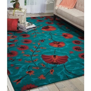 Hand-tufted Suzani Teal Floral Bloom Rug (5'3 x 7'5)