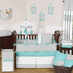 Sweet JoJo Designs Grey and Turquoise Zig Zag 9-Piece Crib Bedding Set