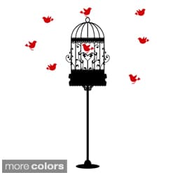 Birdcage Stand with Colored Birds Vinyl Wall Art Decal