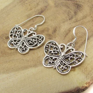 Silver Cute Swirl Detail Butterfly Dangle Earrings (Thailand)