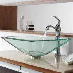 KRAUS Square Glass Vessel Sink in Clear with Ventus Faucet in Chrome