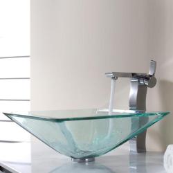 KRAUS Square Glass Vessel Sink in Clear with Sonus Faucet in Chrome