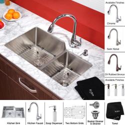Kraus 32-inch Undermount Double Bowl Stainless Steel Kitchen Sink with Kitchen Faucet and Soap Dispenser