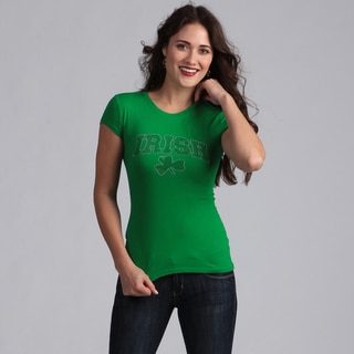Women's Rhinestone-Studded Green Irish Shamrock T-shirt