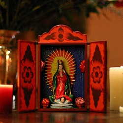 Plywood and Ceramic 'Virgin of Guadalupe' Retablo , Handmade in Peru