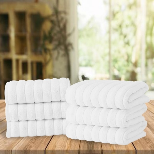 Classic White Ribbed Combed Turkish Cotton Luxury Hand Towel Set of 6 - 33" L x 20" W