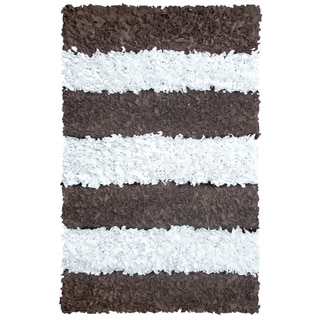 Manam Brown and White Stripe Shag Rug (3' x 5')