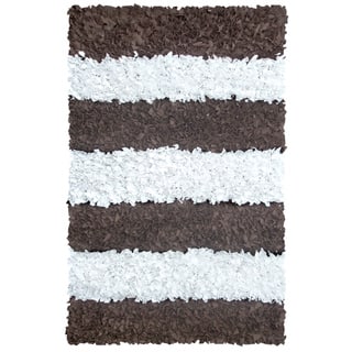 Manam Brown and White Stripe Shag Rug (5' x 8')
