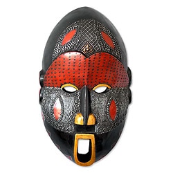 Dan Comic Hand Carved Artisan Tribal Artwork Black Sese Wood with Multicolor Paint and Aluminum African Wall Art Mask (Ghana)