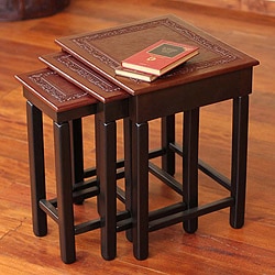 Colonial Guard Set Of 3 Handmade Hand Tooled Leather Brown Mohena Wood Home Decor Furniture Square Accent End Tables (Peru)
