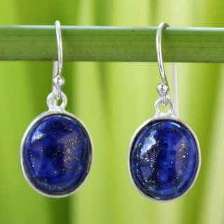 Majestic Blue Lapis Lazuli Polished Oval Gemstones in 925 Sterling Silver Handmade Artisan Womens Drop Earrings (Thailand)