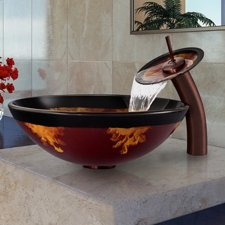 VIGO Auburn/Mocha Fusion Glass Vessel Sink and Waterfall Faucet Set in Oil Rubbed Bronze