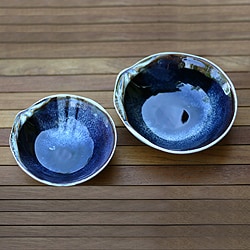 Set of 2 Stoneware Ceramic 'Mystic Blue Oysters' Bowls (Indonesia)