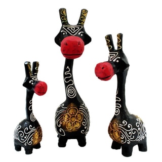 Set of 3 Hand-Carved Black and Red Giraffe Statues (Indonesia)