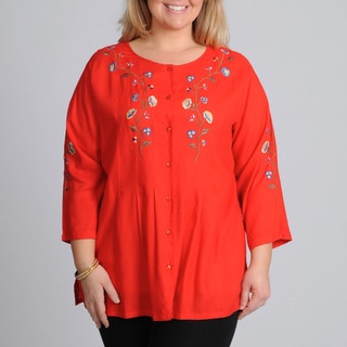 La Cera Women's Plus Size Red Floral Embroidered Button-down Top