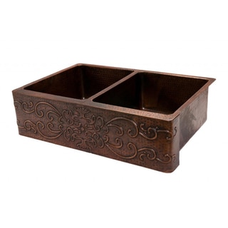 Premier Copper Products Hammered Copper 33-inch Scroll Apron Double-basin Kitchen Sink