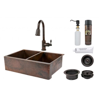 Premier Copper Products 33-inch Hammered Copper 50/50 Double Basin Sink and Faucet Package