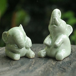 Set of 2 Ceramic 'Happy Green Elephants' Celadon Statuettes (Thailand)