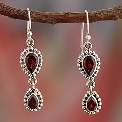 Handamde Sterling Silver Love Song Red Garnet Dangling Earrings (India)