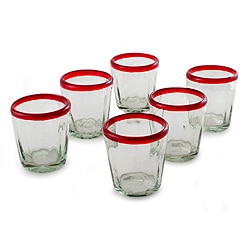 Set of 6 Handcrafted Blown Glass 'Ruby Groove' Glasses (Mexico)