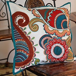 Handcrafted Polyester 'Paisley Garden' Applique Cushion Cover , Handmade in India
