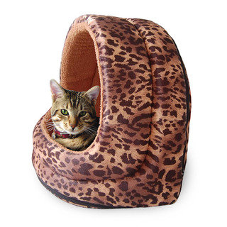 PAW Furry Leopard Print Canopy Pet Bed Cave for Cats