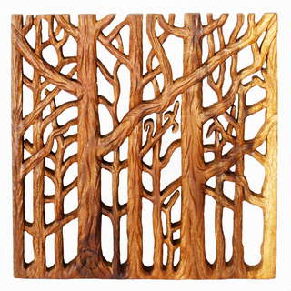 Hand-carved 'Tree Life Through' 18 x 18-inch 3-panel Golden Oak Oil Wall Panel SQ Set , Handmade in Thailand