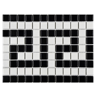 SomerTile 8x10.5-inch Metro Greek Key Matte White and Black Border Porcelain Mosaic Floor and Wall