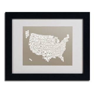 Michael Tompsett 'TAUPE-USA States Text Map' Framed Matted Art