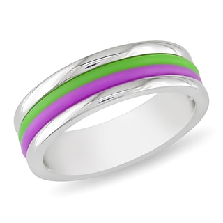 Miadora Stainless Steel Purple and Green Material Stripes Band Ring