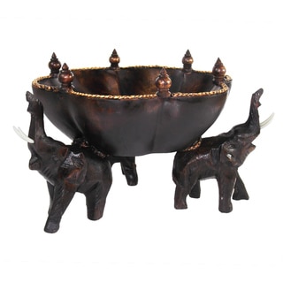Handmade 8.25-inch Triumphant Elephants Carved Rain Tree Wooden Bowl (Thailand)
