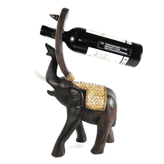 Joyous Elephant Carved Rain Tree Wooden Wine Bottle Holder (Thailand)
