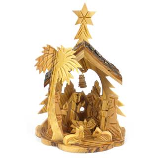 Handmade Olive Wood Medium Nativity with Bell in Back (West Bank)