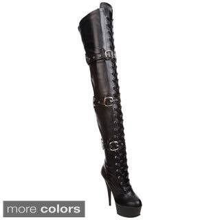 Pleaser Women's 'Delight-3028' Black Patent Lace-up Thigh-high Boots