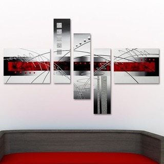 'Abstract Grey & Red' Hand Painted Canvas Art (5 Pieces)