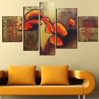 'Orange Floral Textured Abstract' Hand Painted Canvas Art (5 Piece)