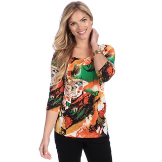 La Cera Women's Animal Print Orange Floral Square Neck Tunic