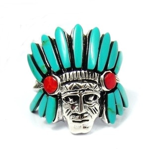 Native American Indian Turquoise and Coral .925 Silver Ring (Thailand)
