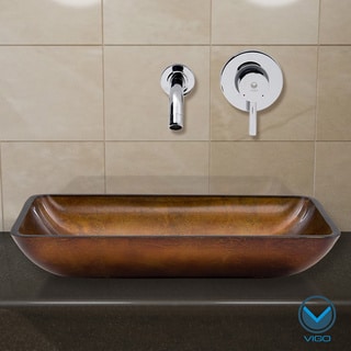 VIGO Rectangular Russet Glass Vessel Sink and Chrome Wall Mount Faucet Set
