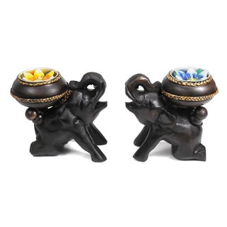 Two Elephants Carved Rain Tree Wooden Candle Holder Set (Thailand)