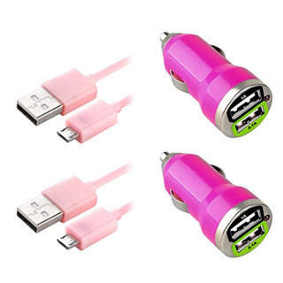 Insten 3-foot Pink Micro USB Cable Cord/ Dual USB Mini Car Charger Adapter for HTC One M9/ Samsung Galaxy S6/ Edge (Pack of 2)