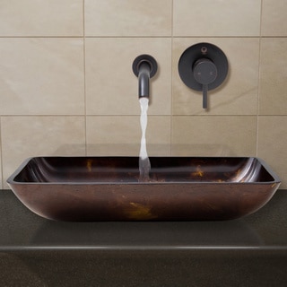 VIGO Rectangular Brown and Gold Fusion Glass Vessel Sink and Wall Mount Faucet Set in Antique Rubbed Bronze
