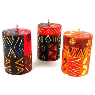 Set of Three Boxed Handmade Mini-Pillar Candles with Bongazi Design (Set of 3) (South Africa)