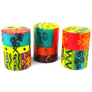 Set of Three Boxed Hand-painted Mini-Pillar Candles with Matuko Design (Set of 3) (South Africa)