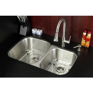 Undermount Stainless Steel 32-inch Double Bowl Kitchen Sink and Faucet Combo with Grid, Strainer and Soap Dispenser