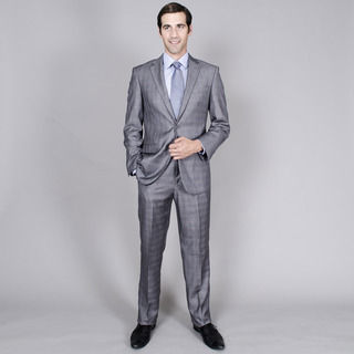 Men's Grey Windowpane Two-Button Suit with Two Front Pockets