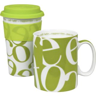 Konitz Green Script Collage Travel Mug & Coffee Mug Set