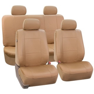 FH Group Tan PU Leather Car Seat Covers Front Low Back Buckets and Solid Bench (Full Set)