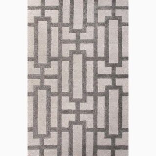 Hand-Made Geometric Pattern Ivory/ Gray Wool/ Art Silk Rug (9.6x13.6)